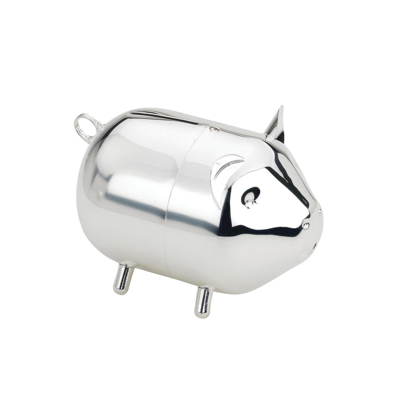 Metallic silver piggy coin bank with pig face, ear, and three tripod feet