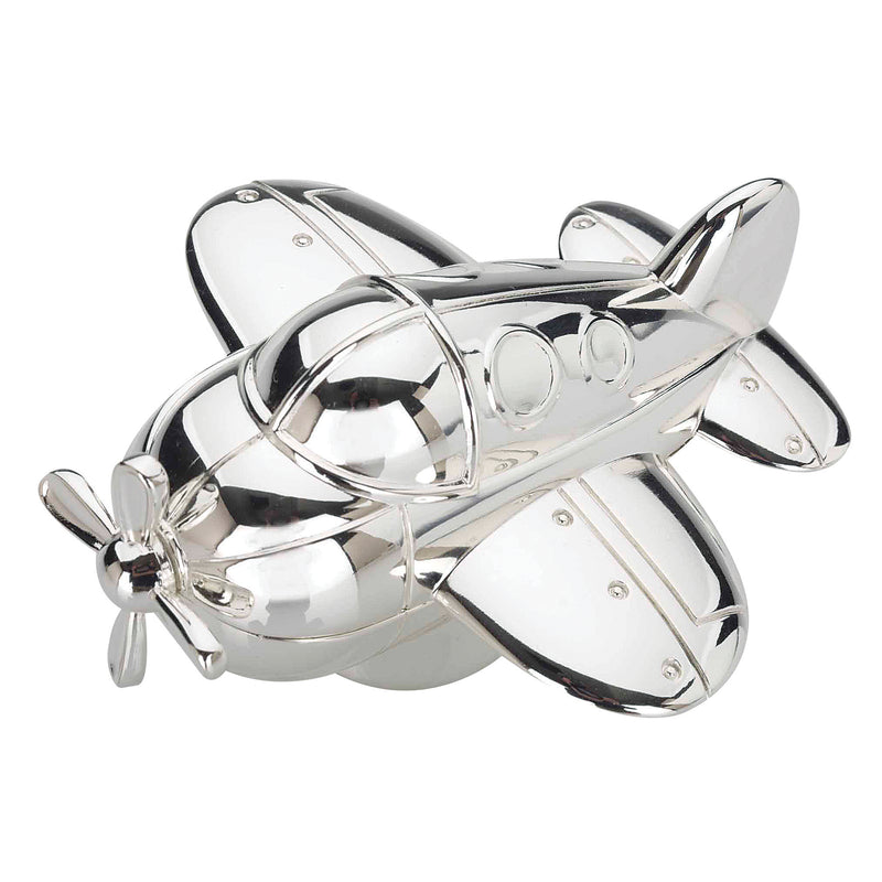 Reed & Barton Zoom Zoom airplane music box, polished chrome model with propeller detail