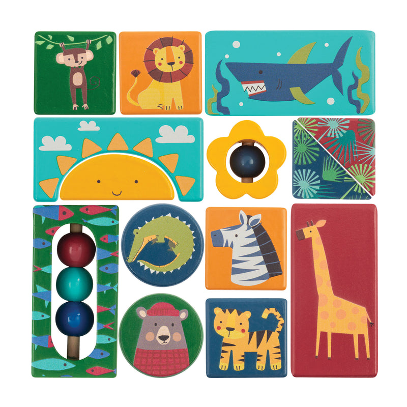 Children's wooden block set with colorful animal faces and patterns, 13-piece