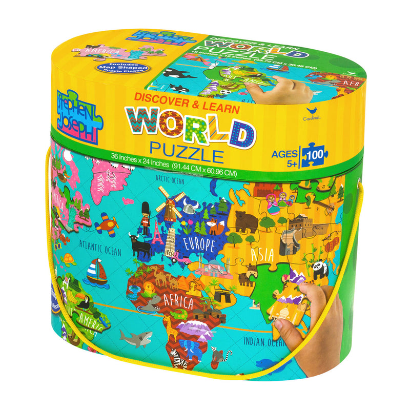 Children's 100-piece world floor puzzle in colorful round box with hands