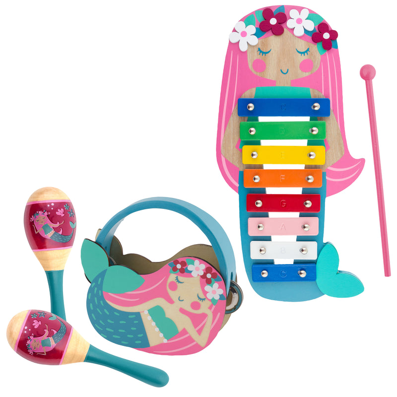 Mermaid-themed child percussion set with colorful xylophone, maracas, and drumsticks
