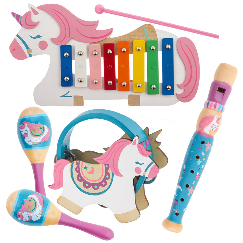 Unicorn-themed child music set by Stephen Joseph with rainbow xylophone, maracas, tambourine