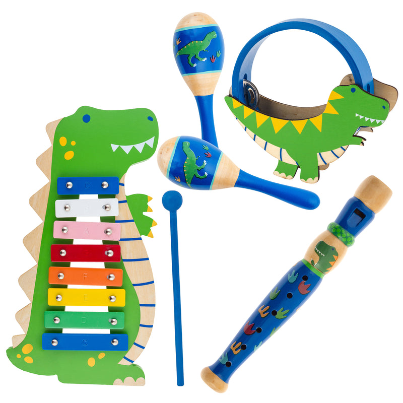 Dinosaur-themed child music set with green xylophone, mallets, and two wooden shakers/drums