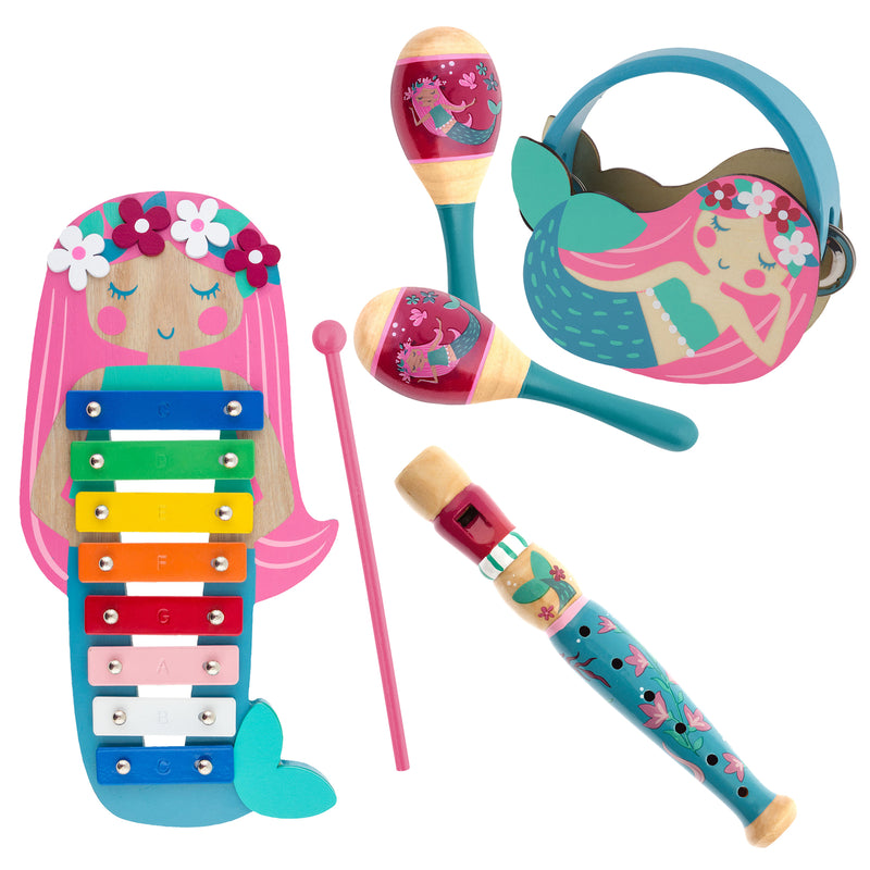 Mermaid music set for children with colorful xylophone, maraca, flute, and mallet
