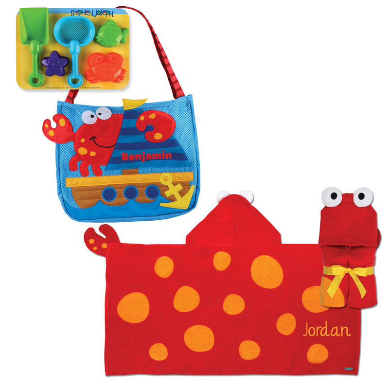 Crab-themed hooded beach towel and tote set: red crab dots, names Jordan and Benjamin.