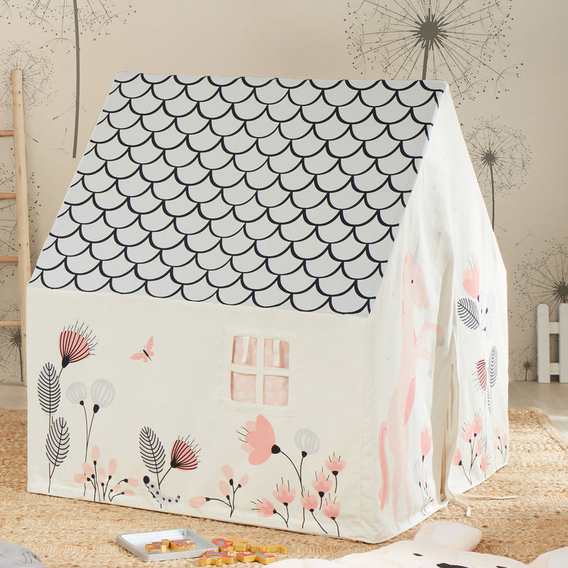 Children's unicorn playhouse tent, white with scalloped roof and unicorn floral print