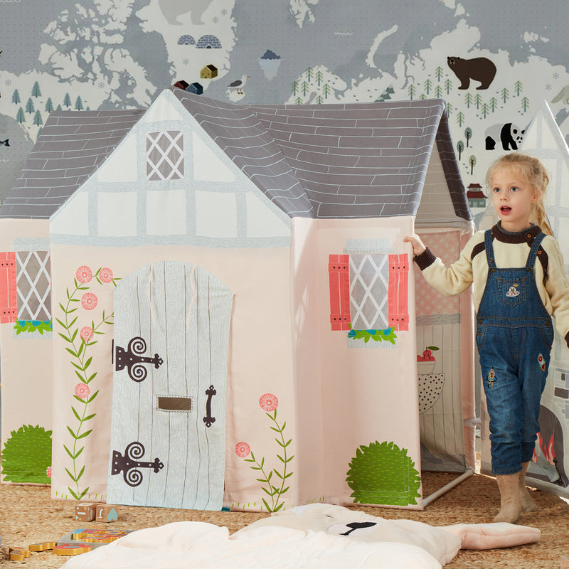 Kids play tent house design, white fabric with arched roof and printed floral garden details