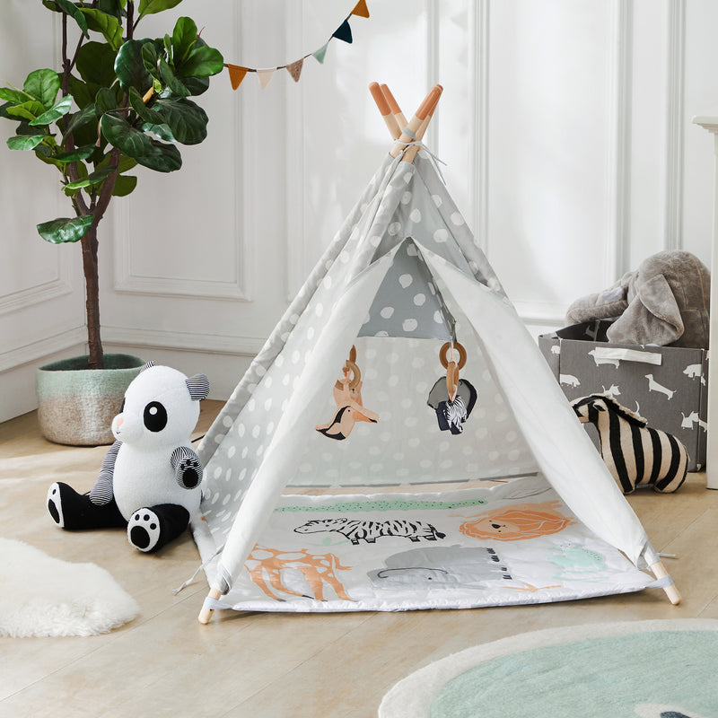 Safari activity tent with triangular window and animal play mat, gray with animal prints