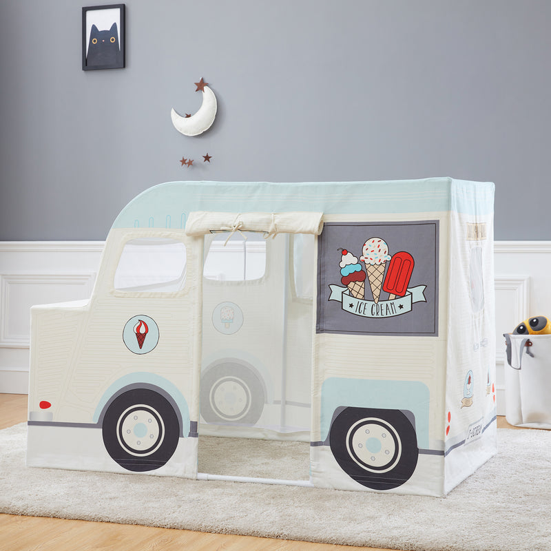 Kids ice cream truck play tent with printed wheels and front window graphic