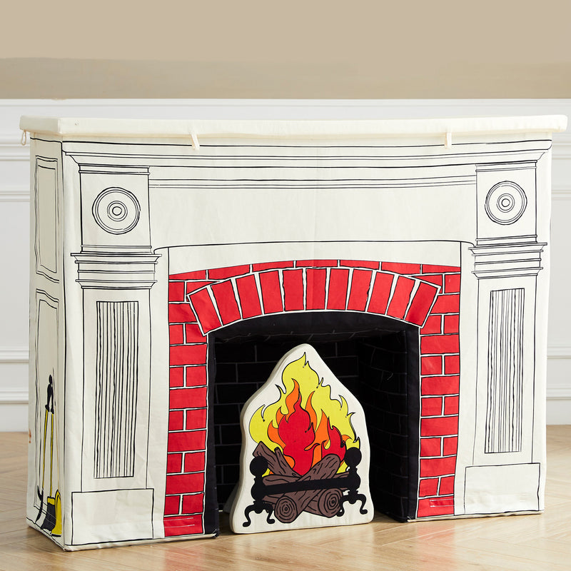 White toy fireplace with red brick opening and flame graphic in black firebox