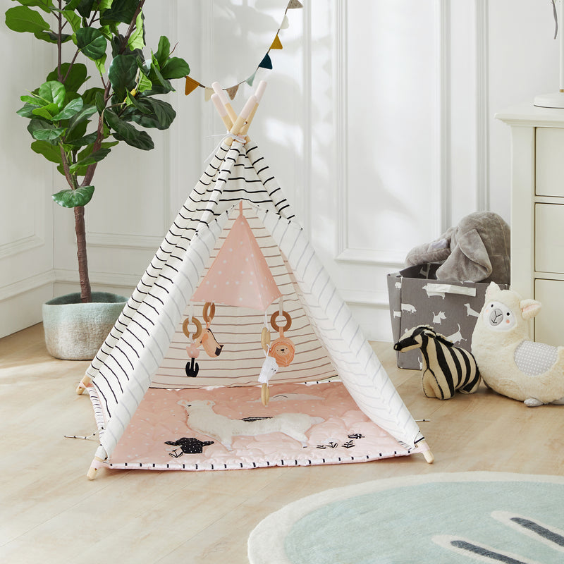 Llama-themed canvas play tent with striped walls and floor mat
