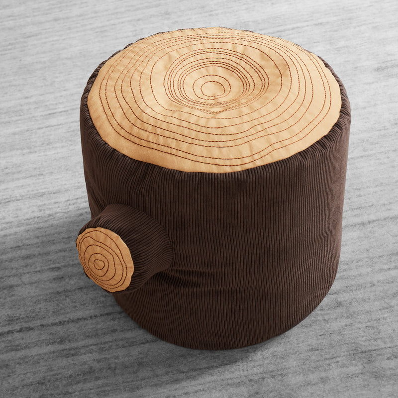 Kids tree stump-style pouf with round top panel and dark brown plush barrel body