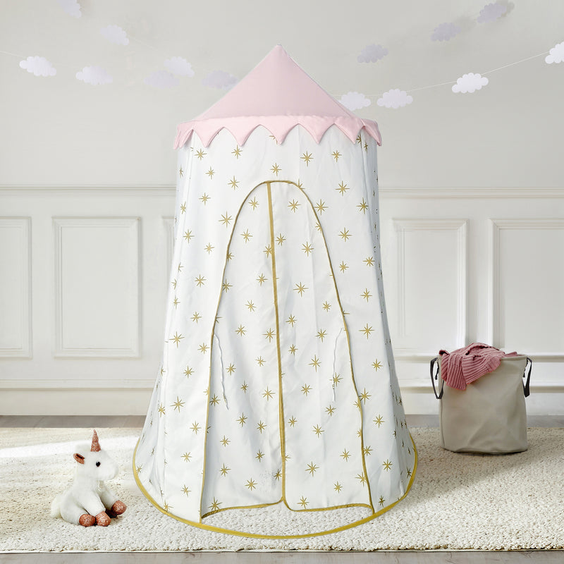 Kids pop-up play tent in white with gold starburst and star pattern, arched front