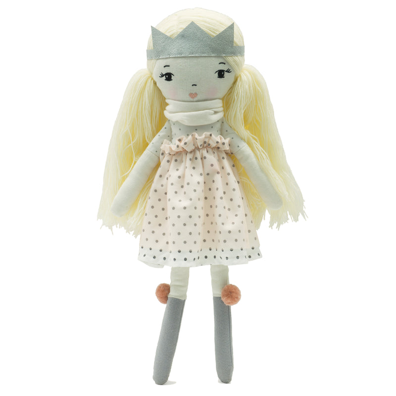 Plush doll with long blonde hair, mint hood, white dotted dress, gray leggings