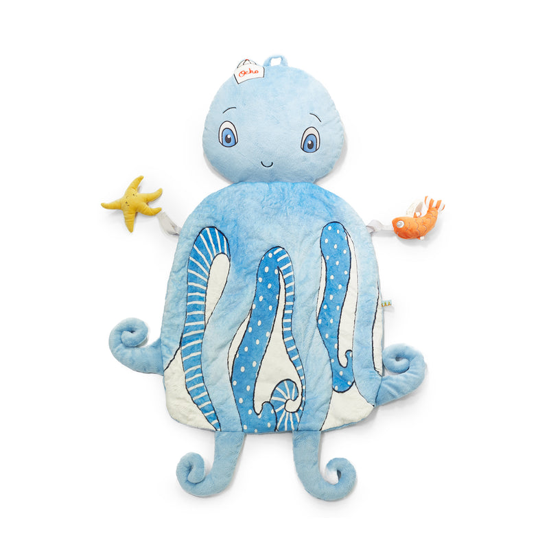 Light blue octopus plush pillow play mat with starfish and textured tentacles