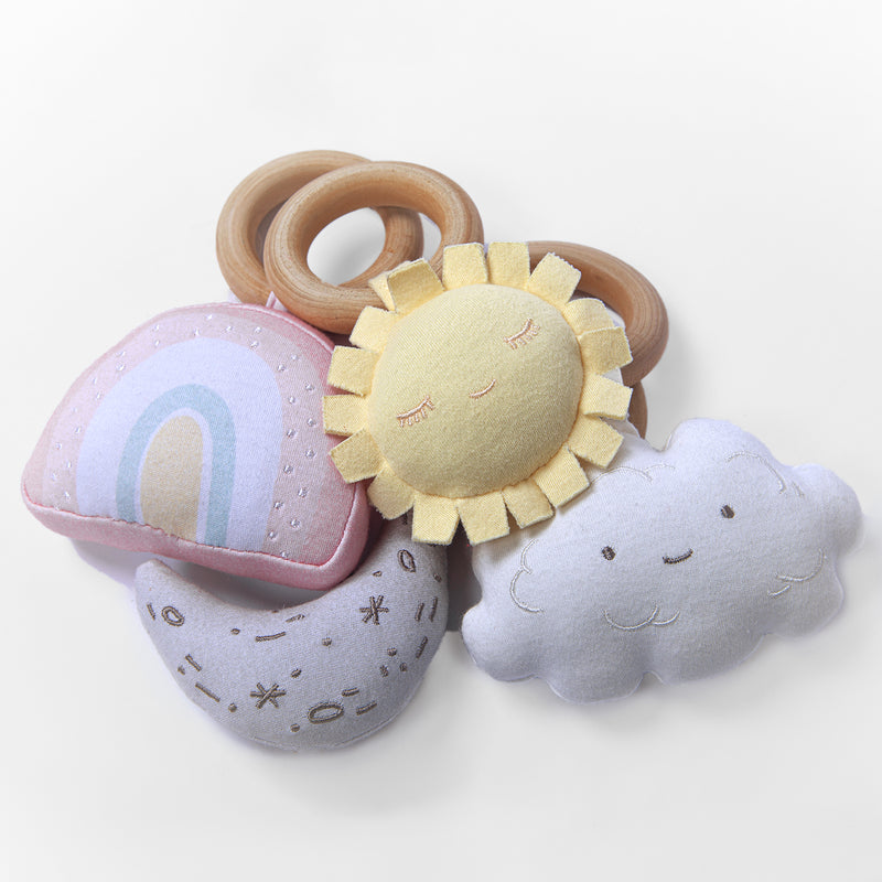 Baby celestial rattle set: plush cloud, rainbow, sun and star patterned rattles