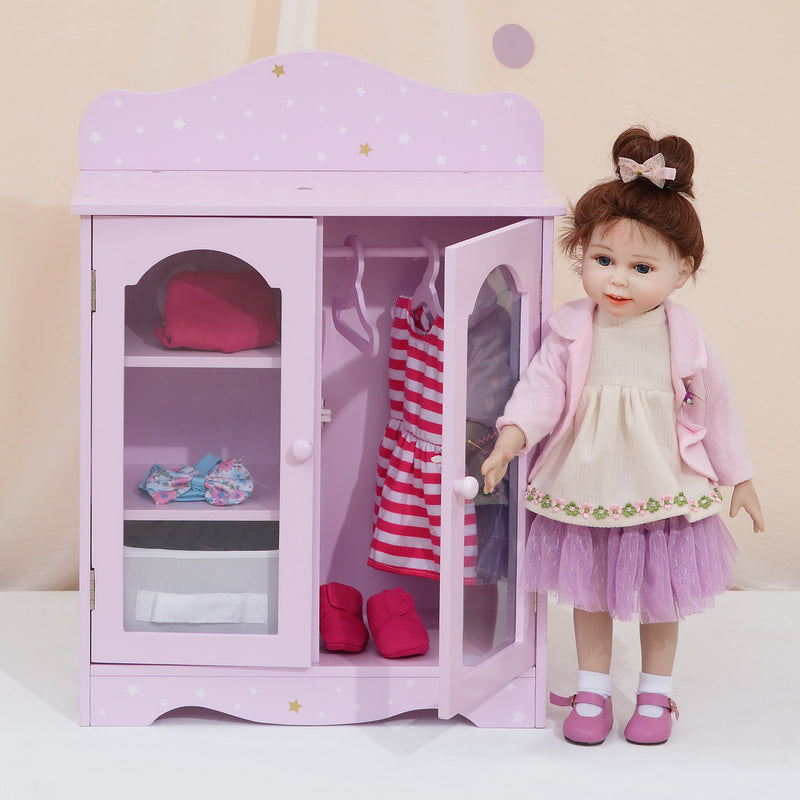 Child doll fancy closet with stars, open doors, 3 hangers, pink dress and shoes