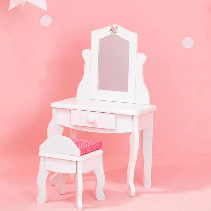 Kids doll vanity and stool set with white mirror, drawer, and red patterned seat