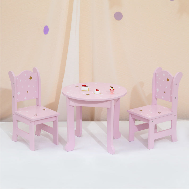 Pink doll table and two matching chairs with star decorations