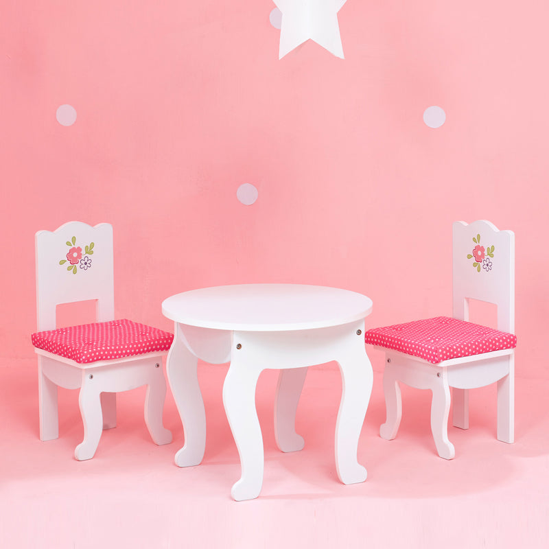Child doll table and two chairs set, white round table with pink patterned seats