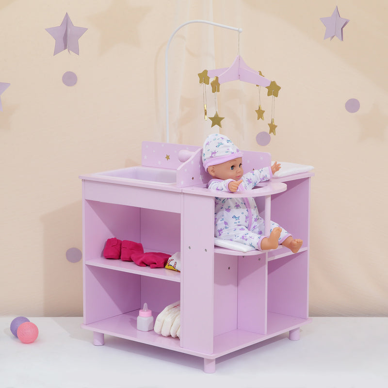 Kids doll changing station with purple shelves, open cabinet, and star-themed canopy
