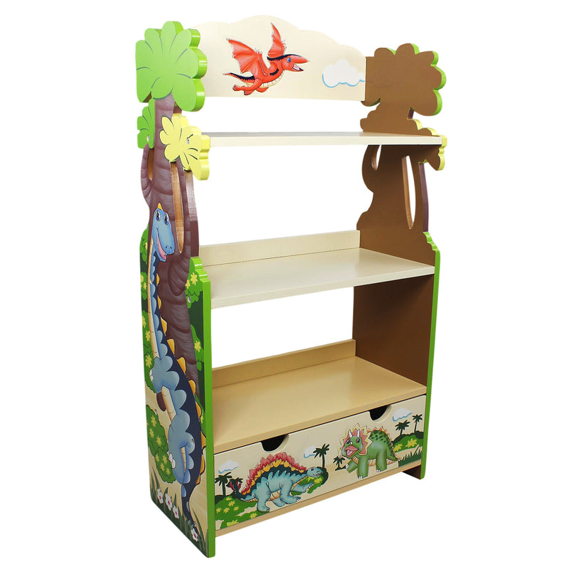 Dinosaur-themed wooden kids bookshelf with two shelves and side storybook panel