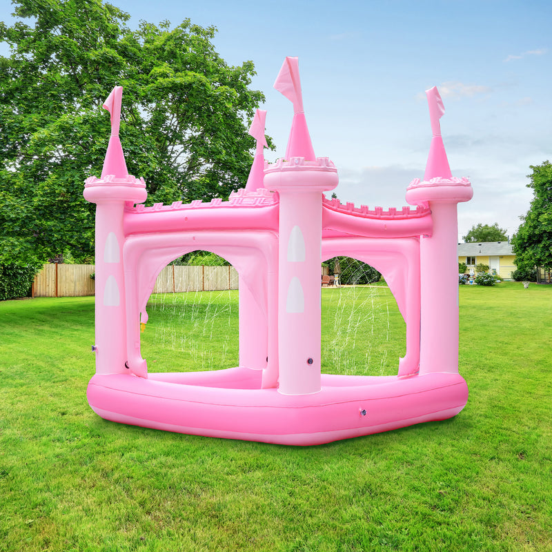 Pink castle inflatable kiddie pool with three turrets and arched openings