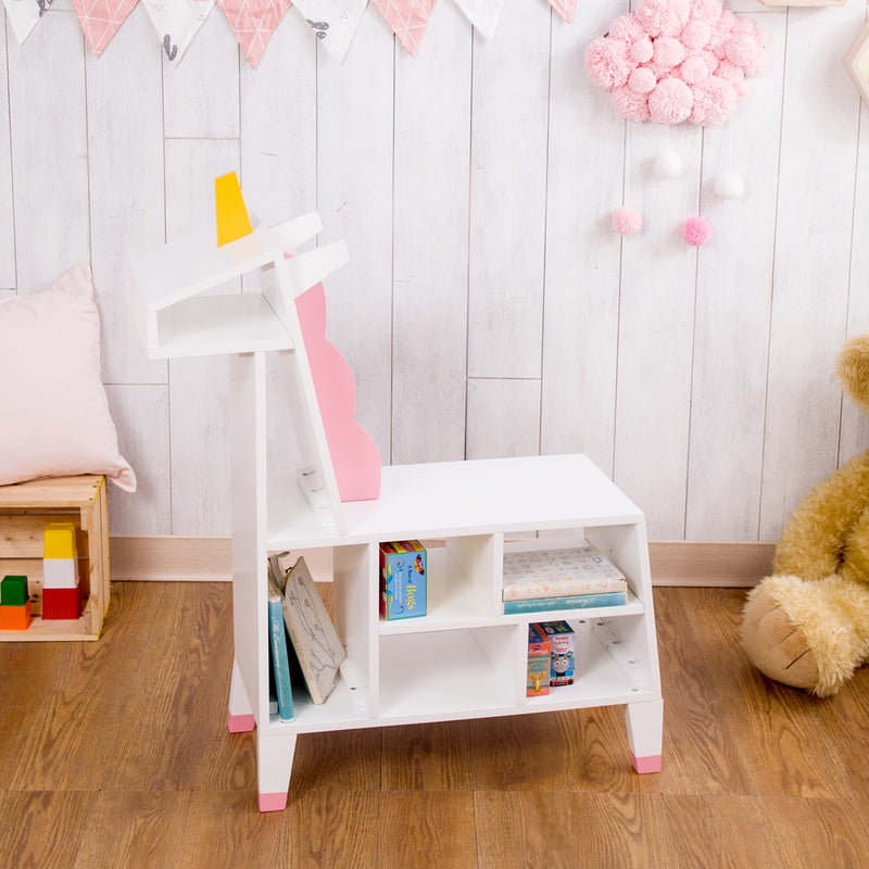 Kids white play shelf with pink side accents and three open storage shelves