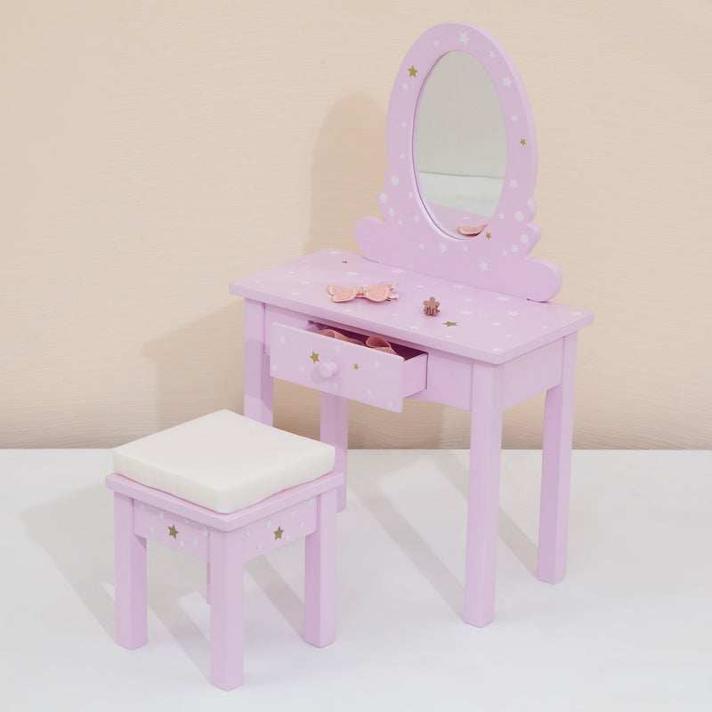 Kids princess doll vanity table with matching stool, pink finish and star-motif mirror