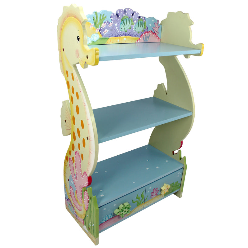 Under the sea themed wooden bookshelf with three shelves and colorful sea-life panels