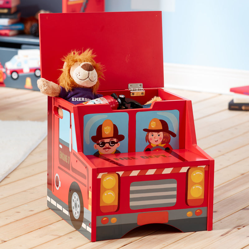 Child fire-fighter step stool, red firetruck design with lion plush in open top