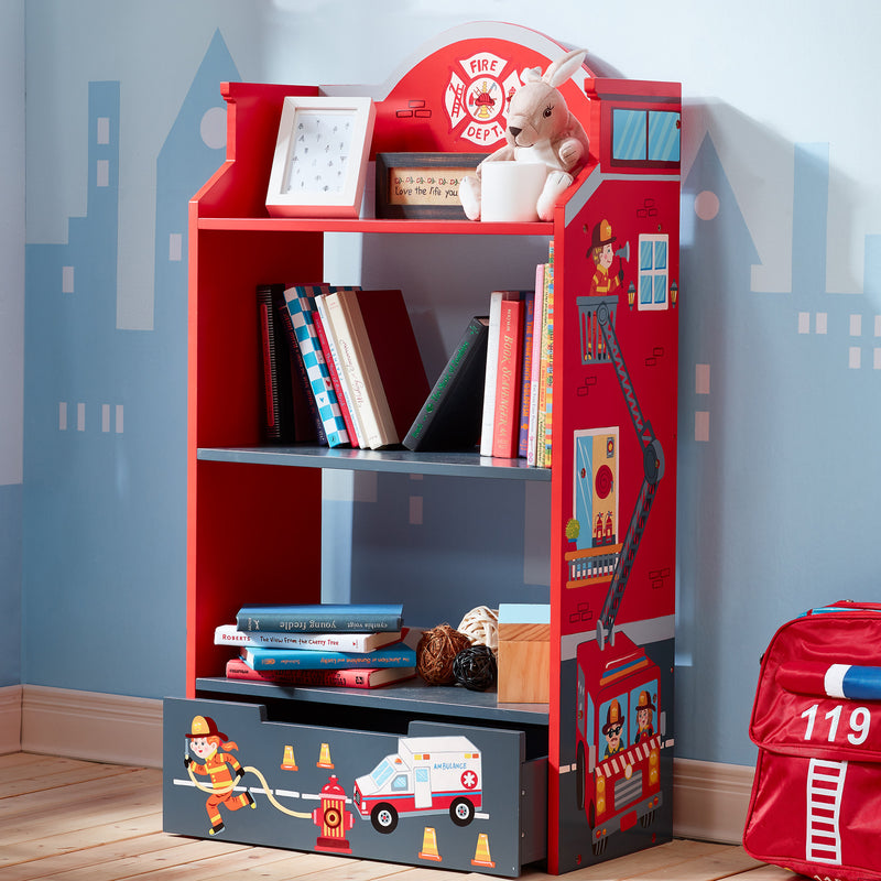 Red children's wooden bookshelf with fire fighter and fire truck front panel, three open shelves