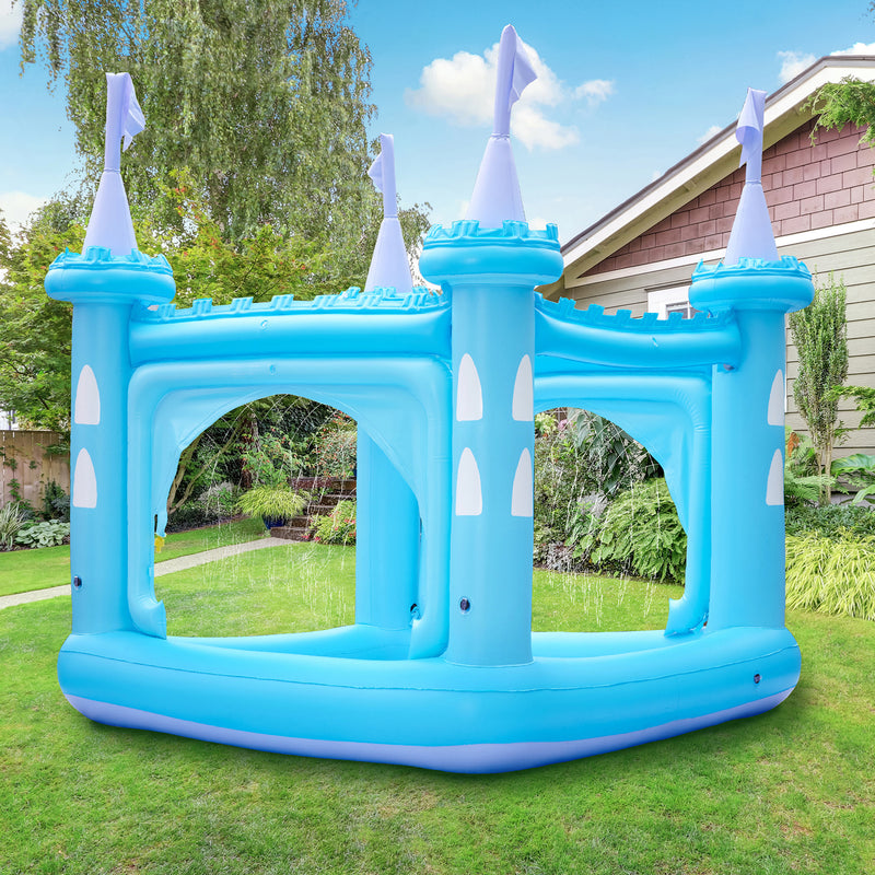 Blue inflatable castle kiddie pool with two arched windows and slide towers