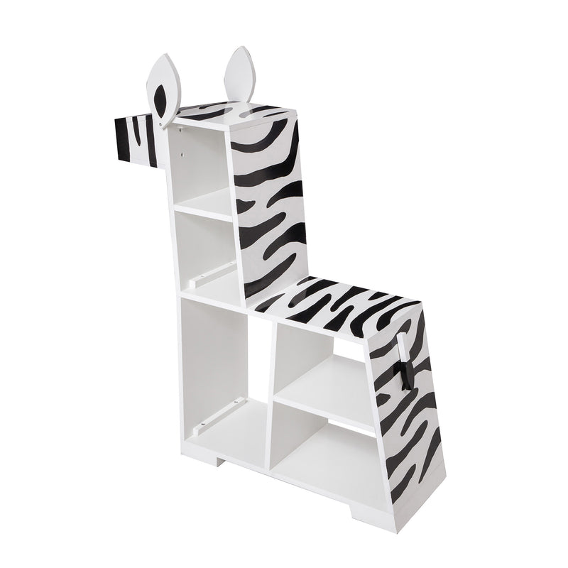 Children's zebra-print play shelf with 3 cubbies and stepping seat