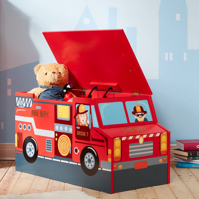 Red wooden fire truck toy chest with hinged lid and front panel graphics