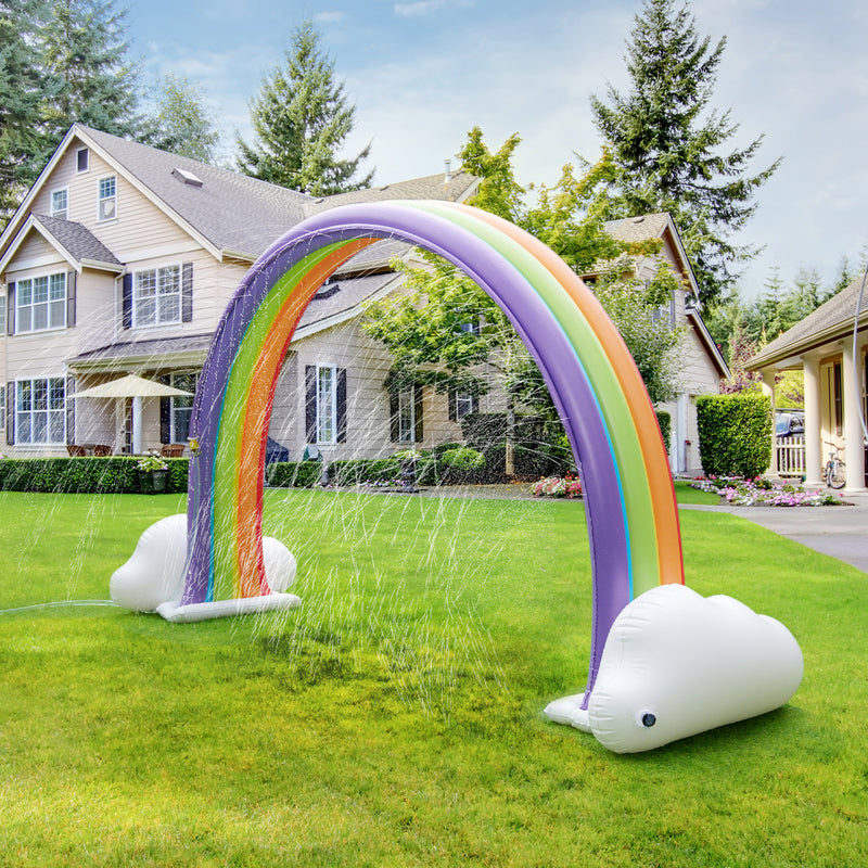 Children's rainbow inflatable sprinkler with arched rainbow and two white animal feet