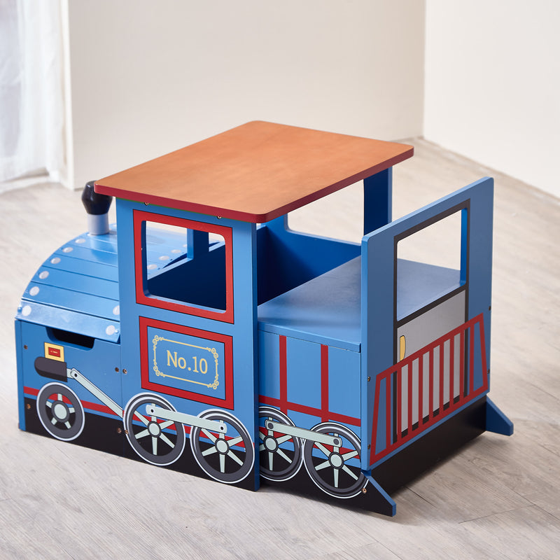 Train-themed play table with wooden top, blue body, cab window and number decal No.101