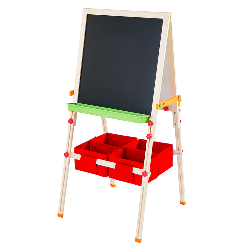 Kids wooden easel with black chalkboard, green ledge, and red storage tray