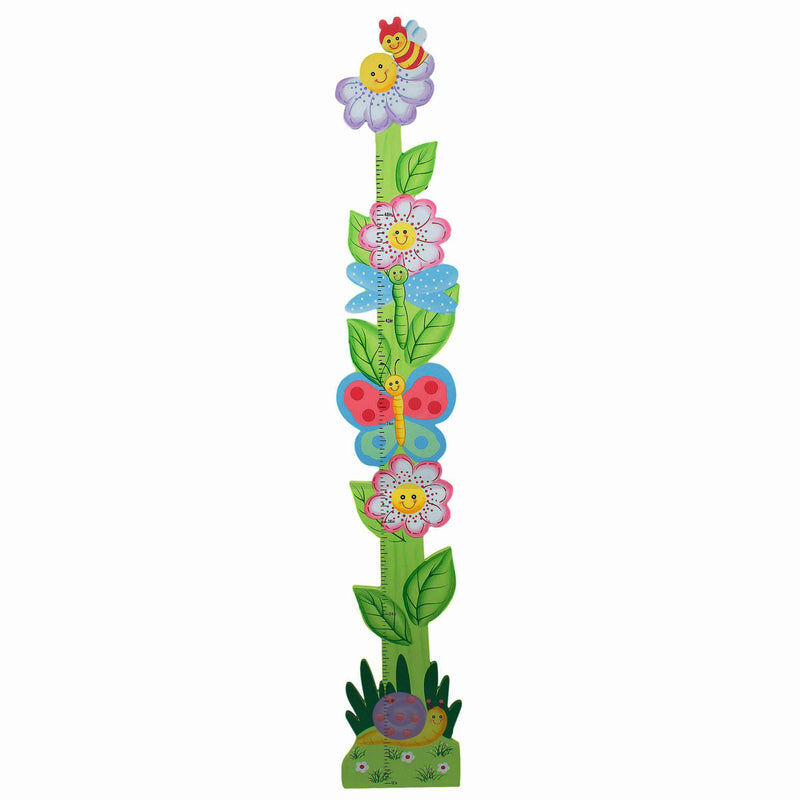 Children's garden growth chart with flowers, butterflies, ladybugs, and leaf vines