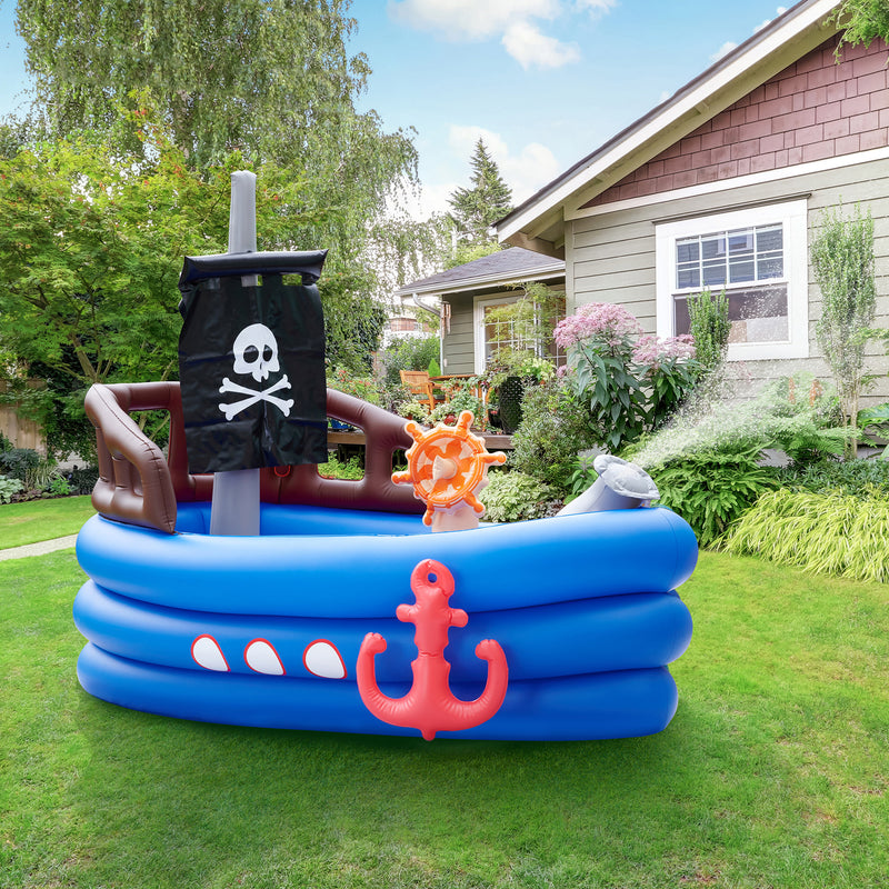 Blue inflatable pirate boat sprinkler with skull sail, orange water sprayer, red anchor