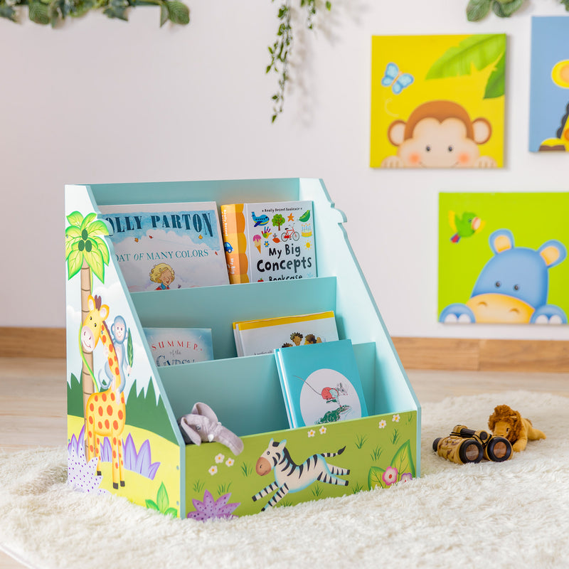 Kids wooden bookshelf with jungle animal and colorful panel artwork, open front for books