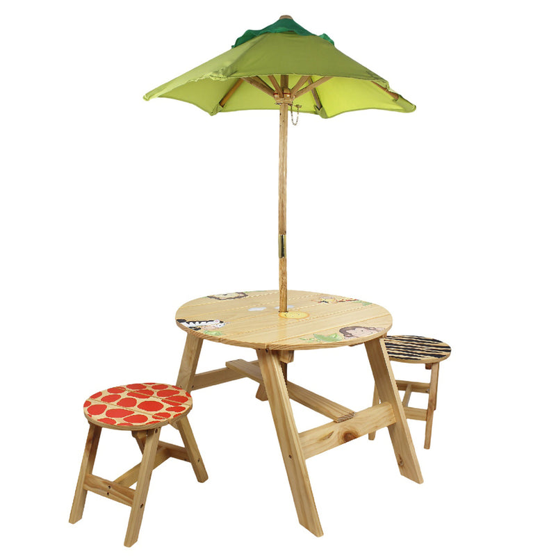 Kids outdoor table and chair set with round table, two stools, and green umbrella