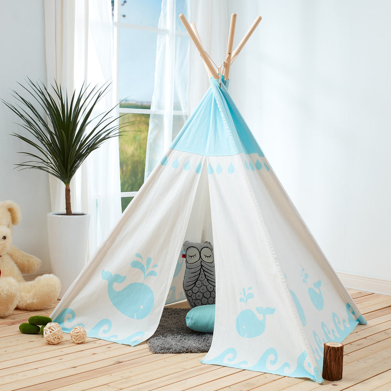 Kids blue-and-white teepee tent with owl patch and playful animal pattern, open doorway.
