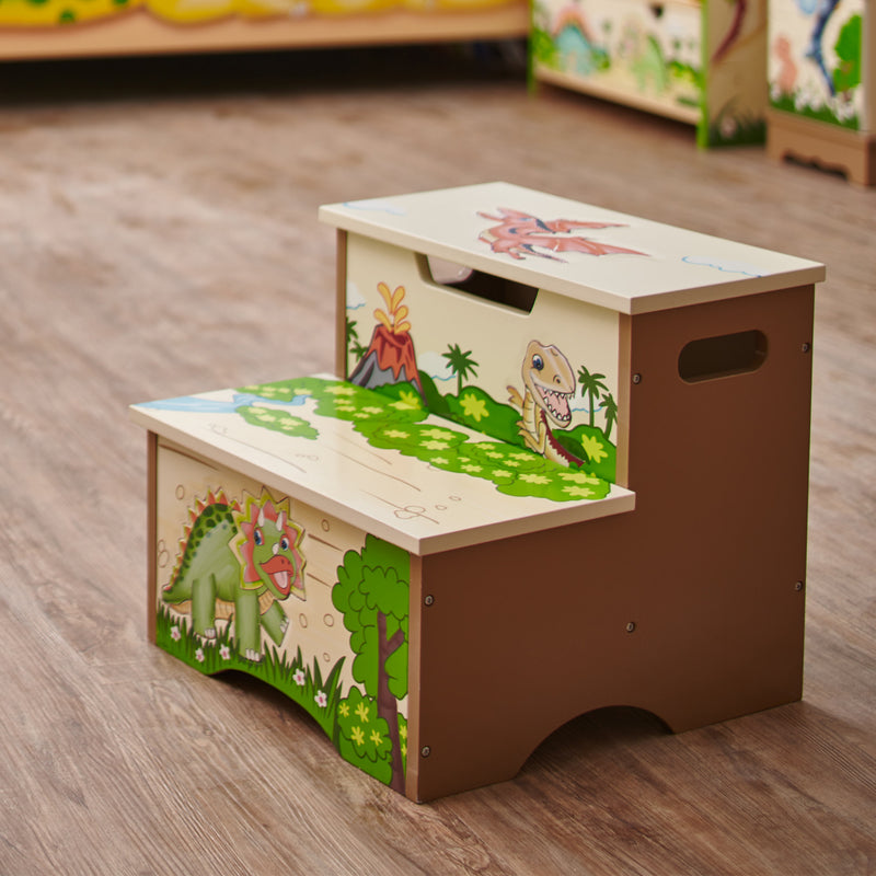 Dinosaur-themed child step stool with two levels and front cutout handle