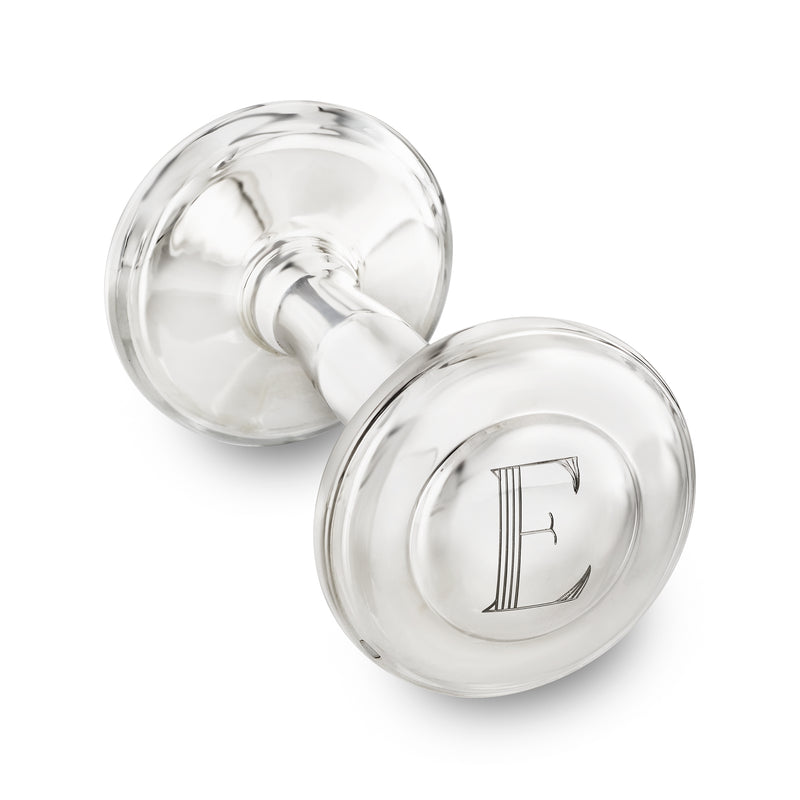 Sterling silver personalized baby rattle with engraved letter and two round ends