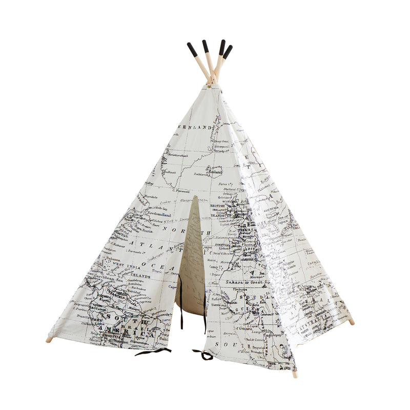 Kids' teepee tent with white canvas and black world map print, open front flap