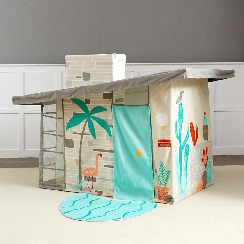 Child play tent with teal, animal and desert/cactus print, open front and floor mat