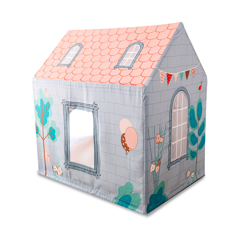 Children's play tent house with gray brick walls, orange roof, two arched windows