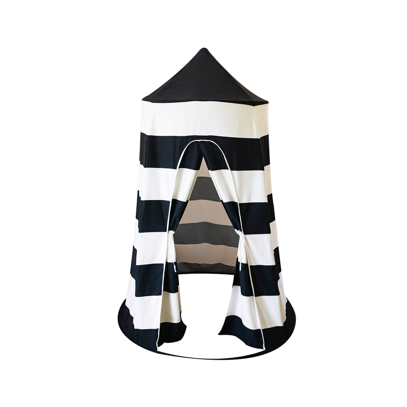 Child's black-and-white striped pop-up play tent with arched door opening