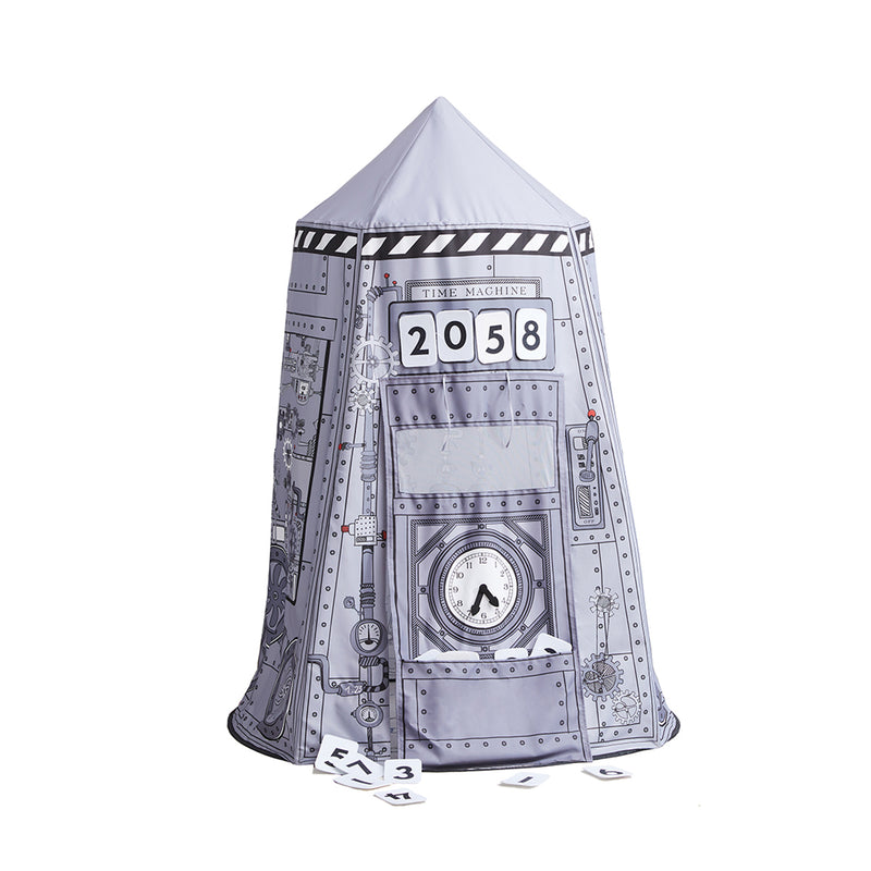 Kids pop-up play tent with time machine print, 2058 front window, striped roof trim